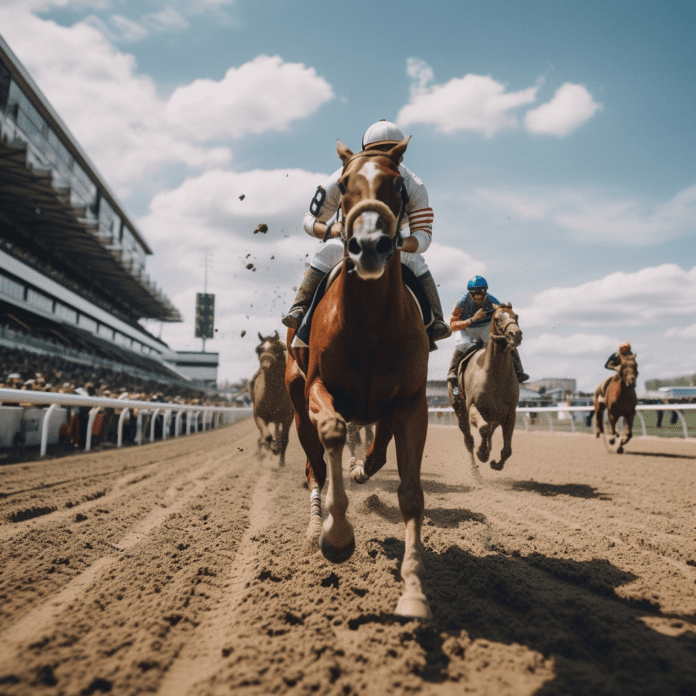 Horses running on dirt, camera head on, grandstand to the left