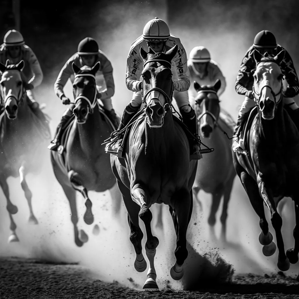 Black and white horses running on dirt toward the camera