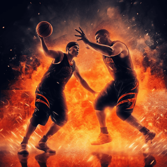 Basketball player making a pass with fire in the background