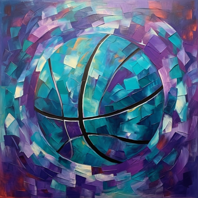 Basketball with purple, teal, and gray geometric designs
