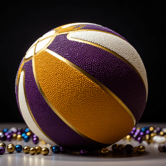 Purple, white, and gold basketball with colored beads on the ground