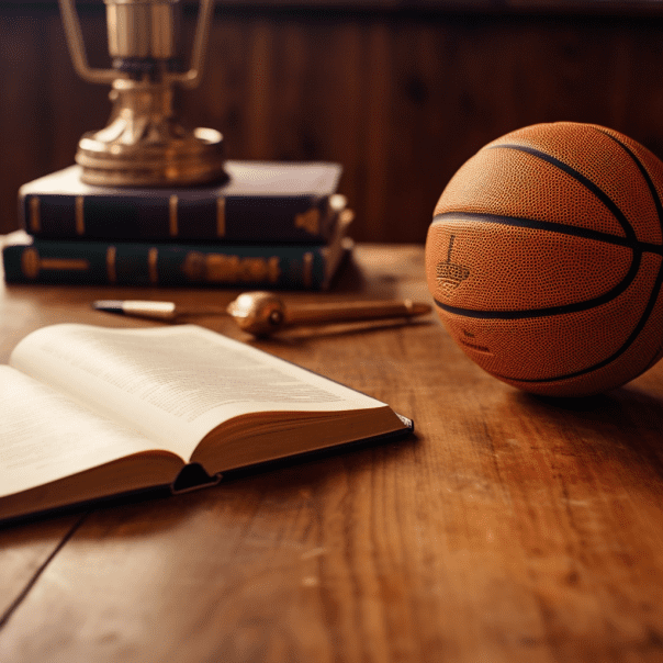 Basketball on a desk next to a rulebook