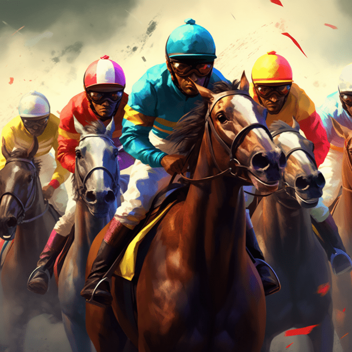 Colorful jockeys riding horses in a race