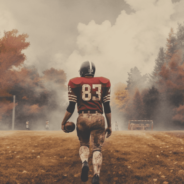 Football player walking across field toward trees