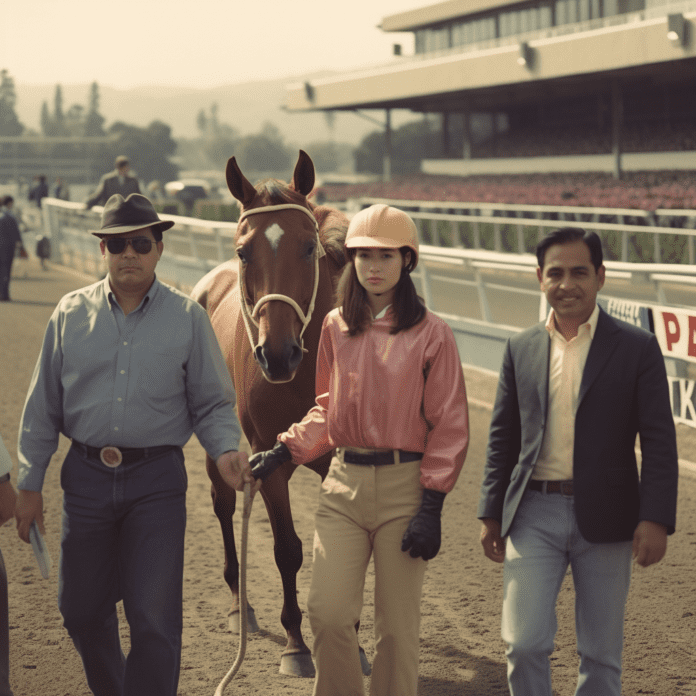 Horse being led from track with grandstands in the background