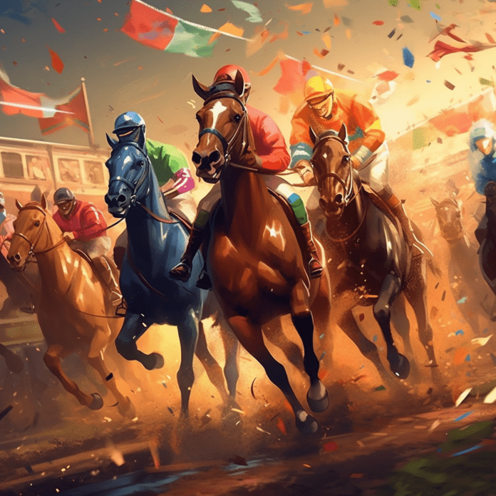 Horses racing together with confetti in the air