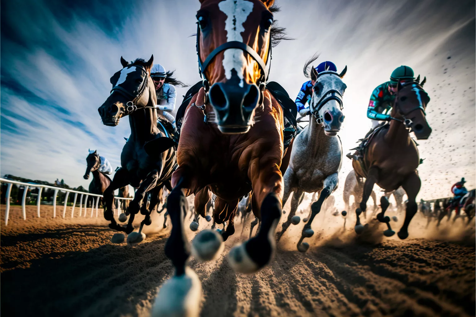 Horses running directly at the camera on dirt track