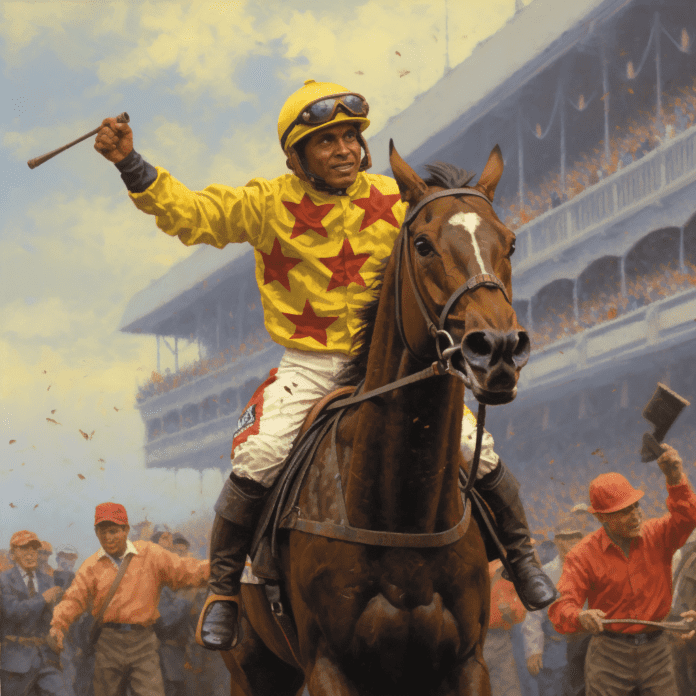 Horse after winning with jockey in yellow