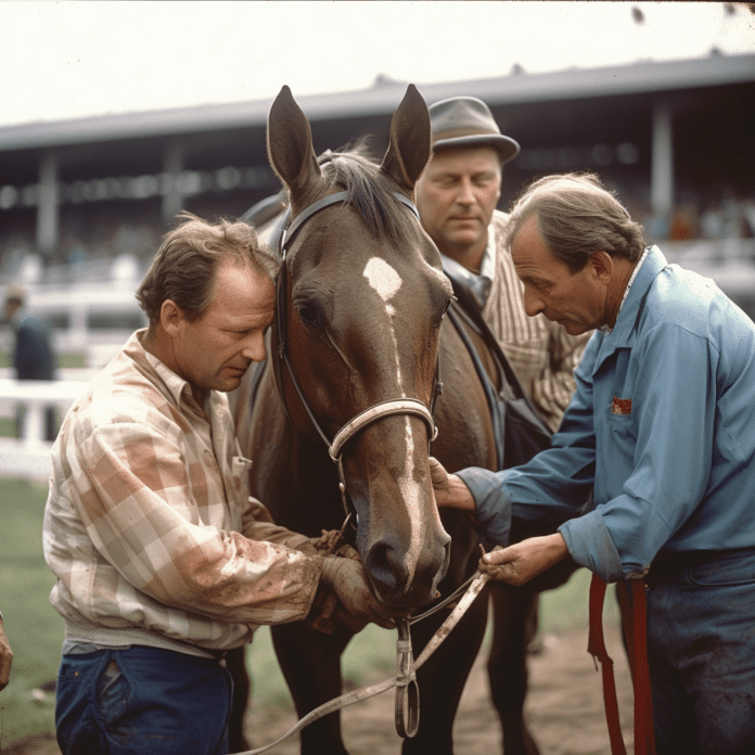Horse being led by trainer and veterinarian with grandstands in background