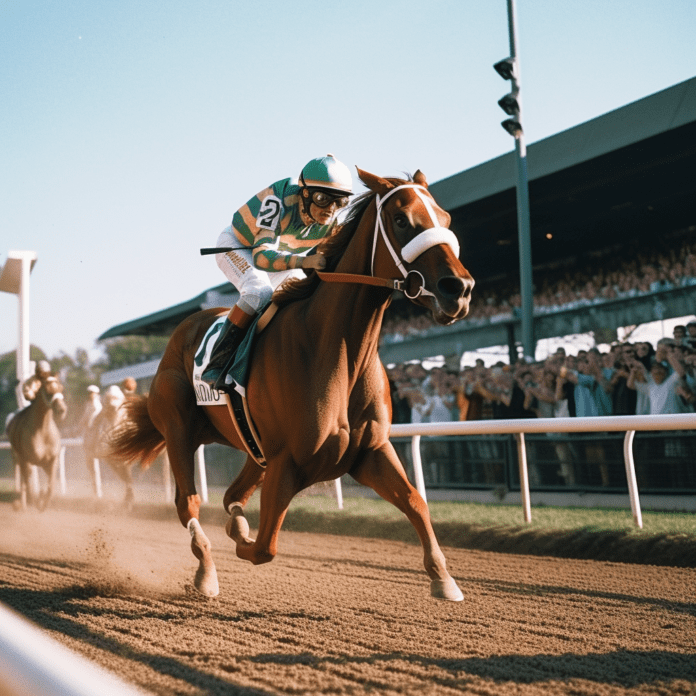 Horses racing on dirt with infield in background