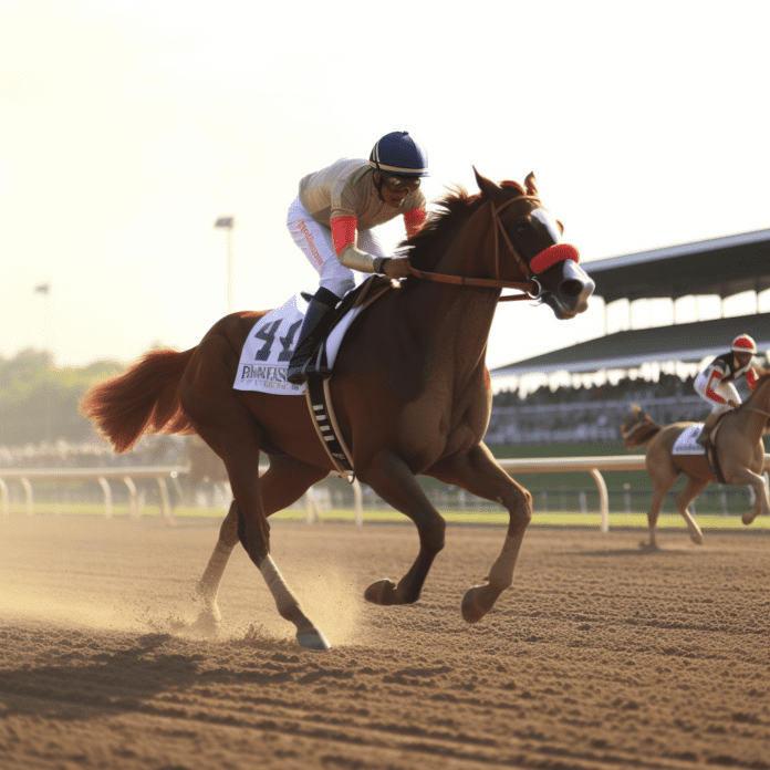 Racehorse in white silks running on dirt