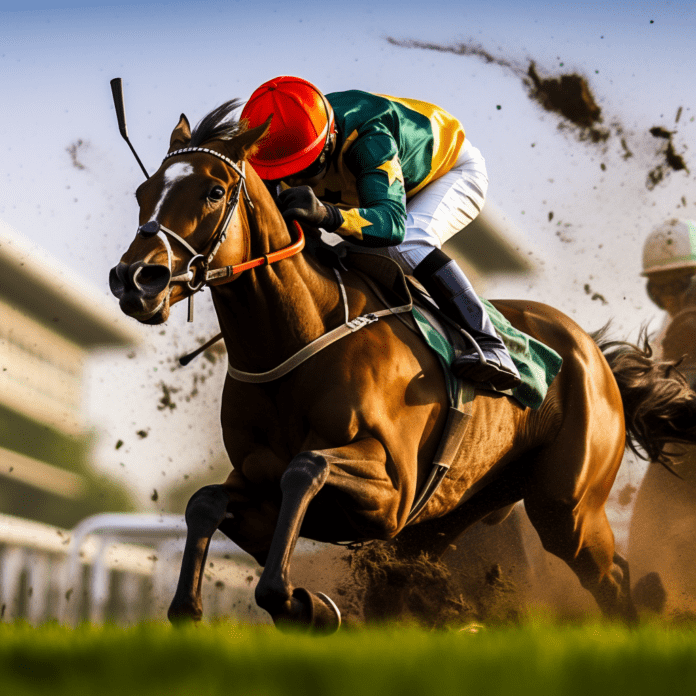 Horse and jockey running on grass