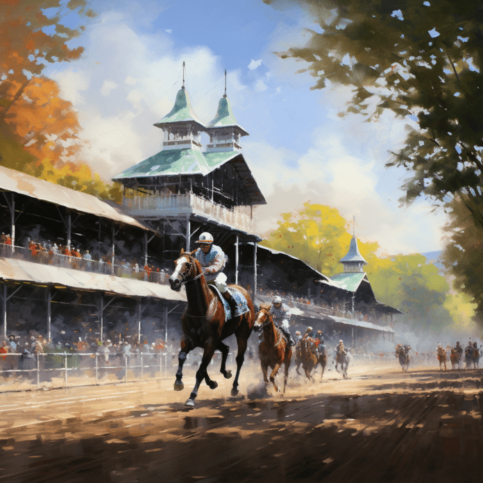 Stylized horse race with stands in the background